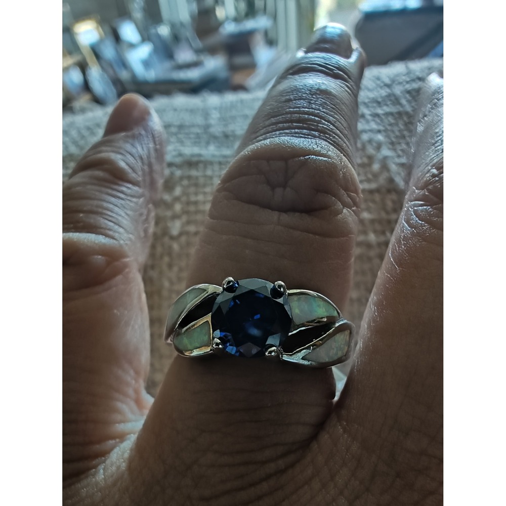 Ring Blue Round Cut Stone White Opal Inlay Silver Tone Size 7